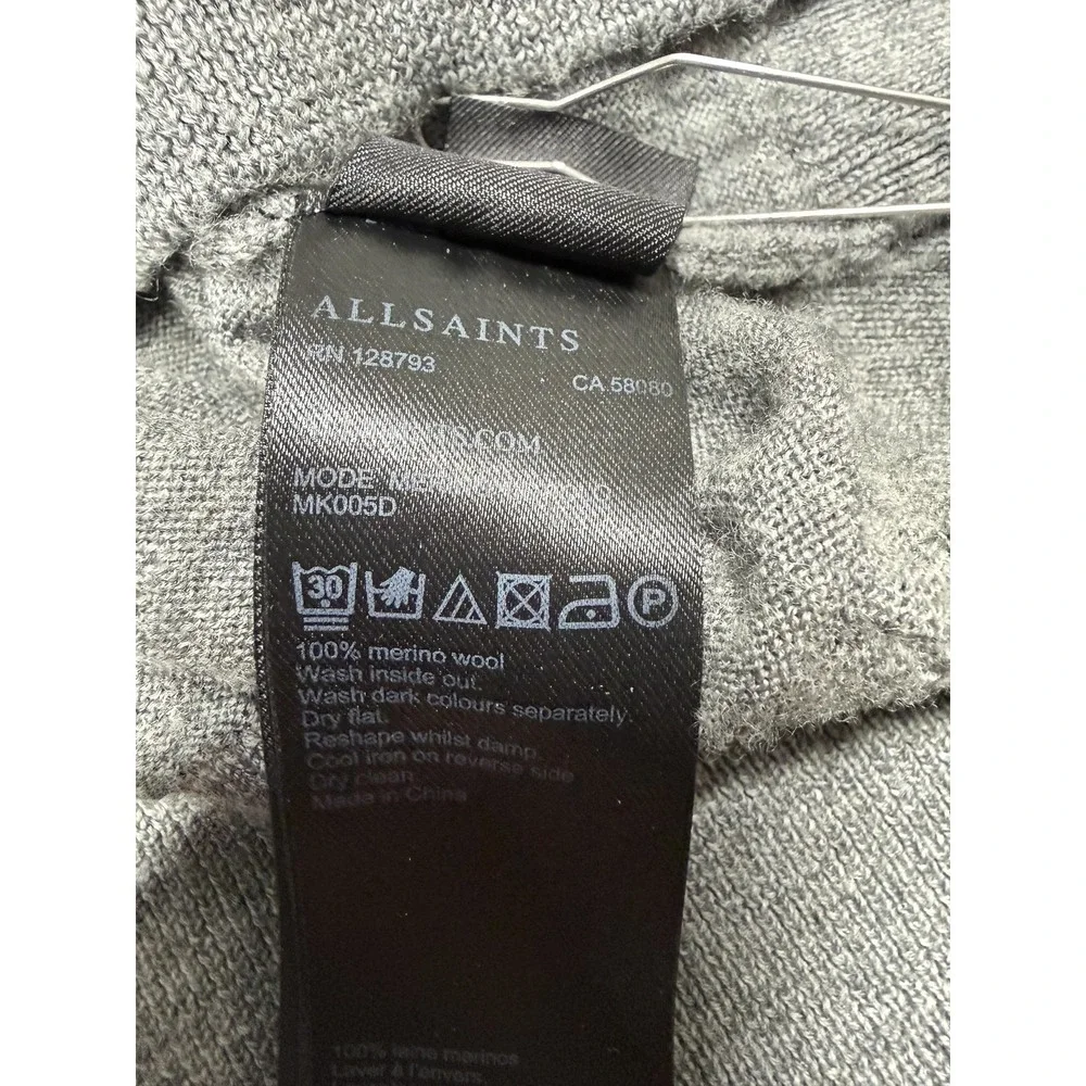AllSaints Sweater Mens Small Gray 100% Merino‎ Wool Polo Knit Pullover MK005D